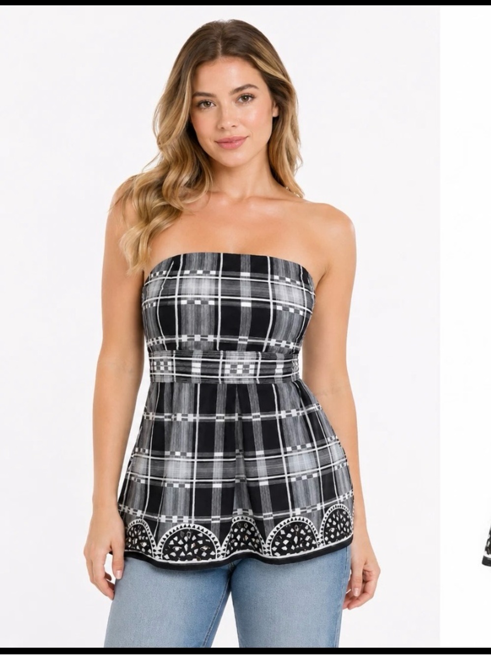 🌺White House Black Market Strapless Black and White Plaid Peplum top 8 flawless🌺